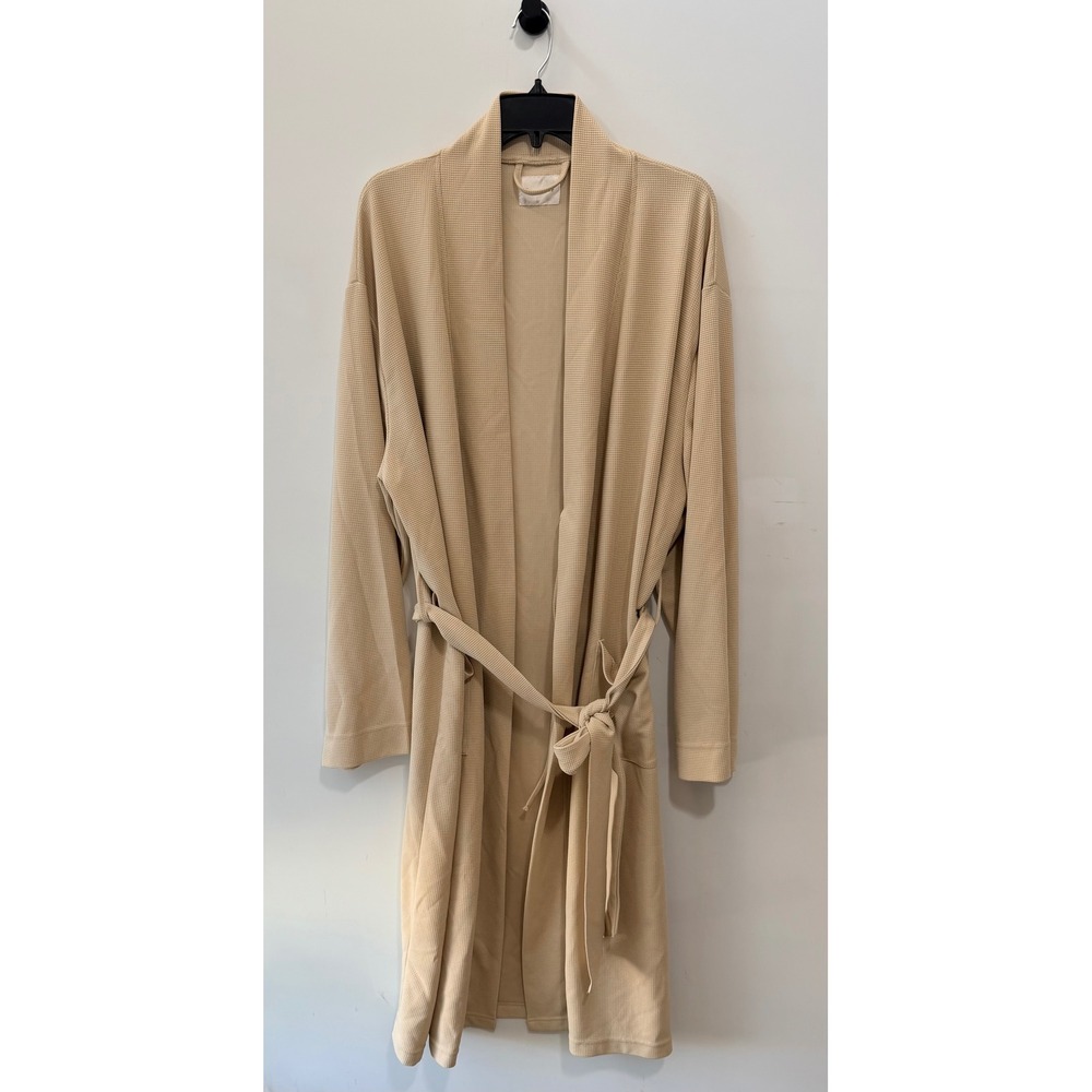 Line and Dot Tan Waffle Knit Robe Tie Waist Long Sleeve Pocket Loungewear Plus